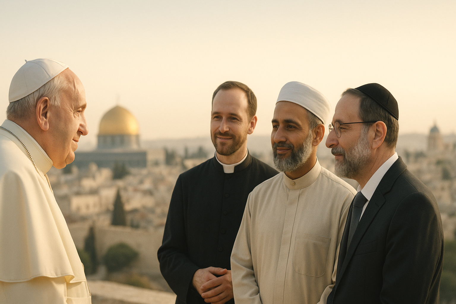 Visual representation of Pope Francis' upcoming trip to the Holy Land to promote interfaith dialogue between Christians, Muslims, and Jews