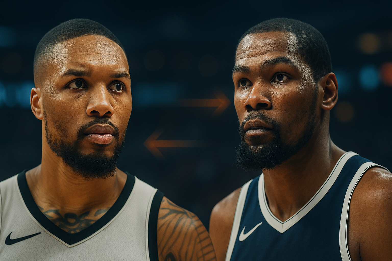 Visual representation of NBA trade rumors heating up ahead of the trade deadline with major players like Damian Lillard and Kevin Durant linked to deals