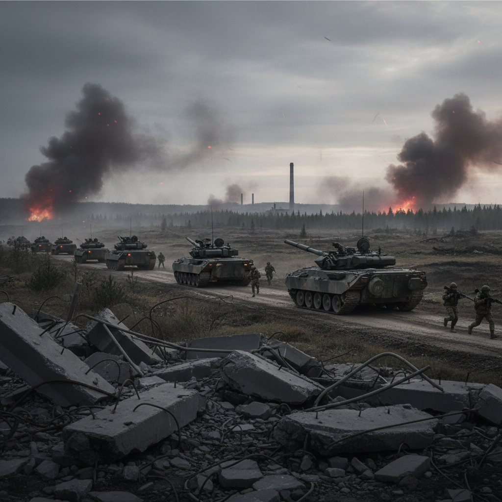 Visual representation of Russia-Ukraine conflict: Recent escalations in the eastern Donbas region with intensified artillery exchanges and troop movements.