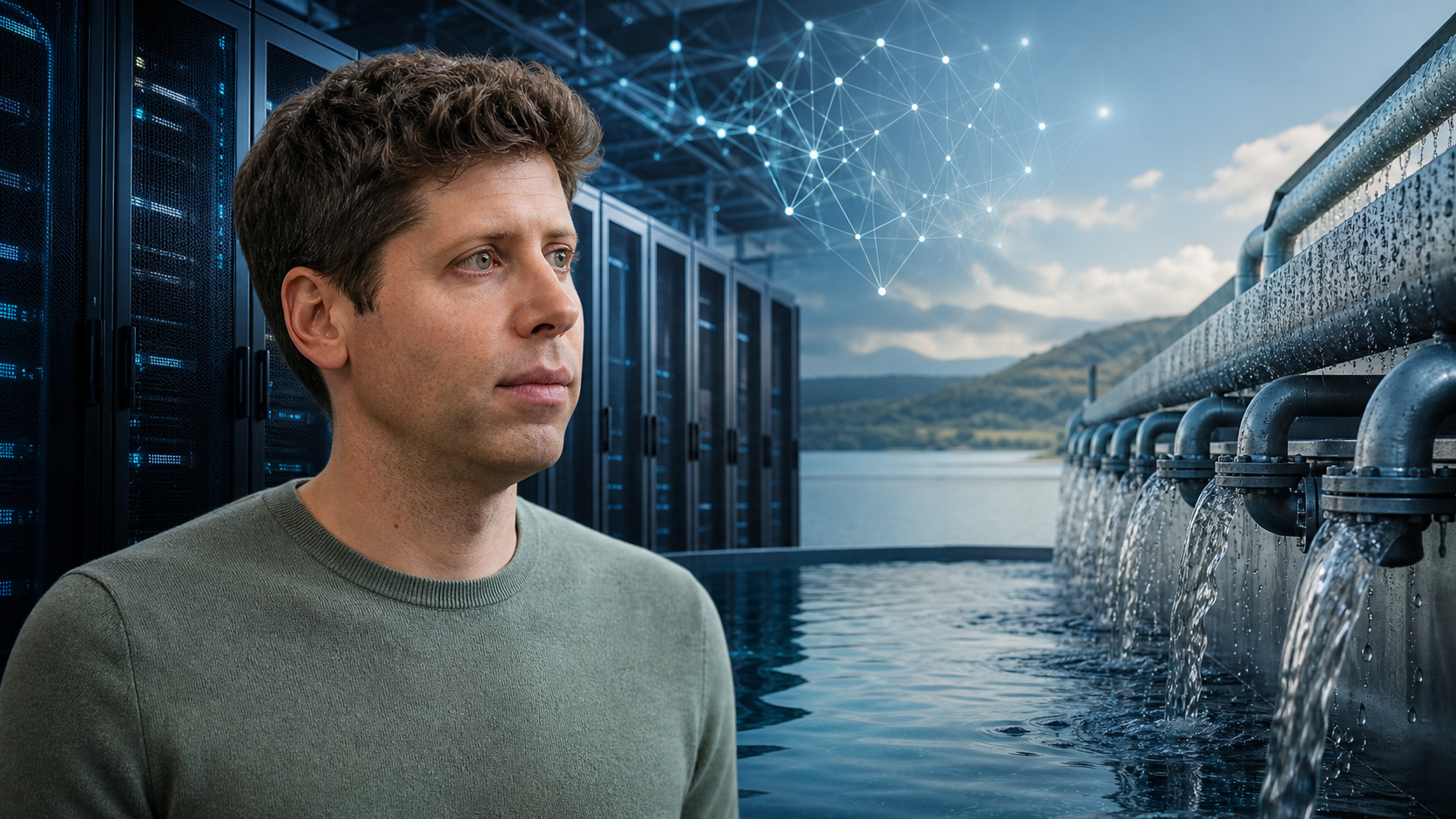 Editorial illustration for "How Much Water Does ChatGPT Use? Lumen Explores the AI Data Center Debate"